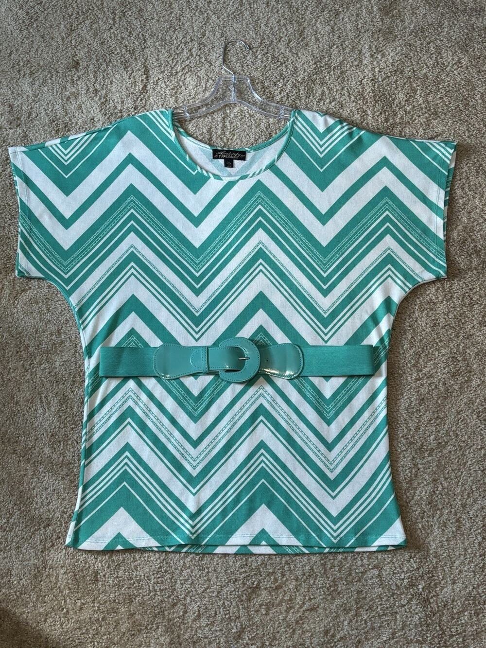 Absolutely Famous XL Dolman Tunic Mint Chevron White Belt 2000s Blouse Y2K Green